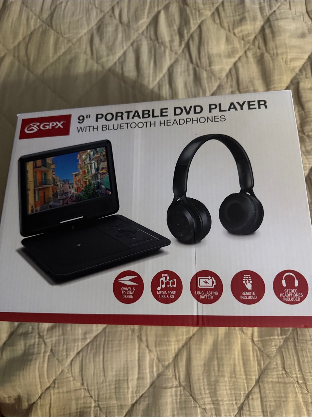 9" Portable DVD Player with Bluetooth Black Headphones